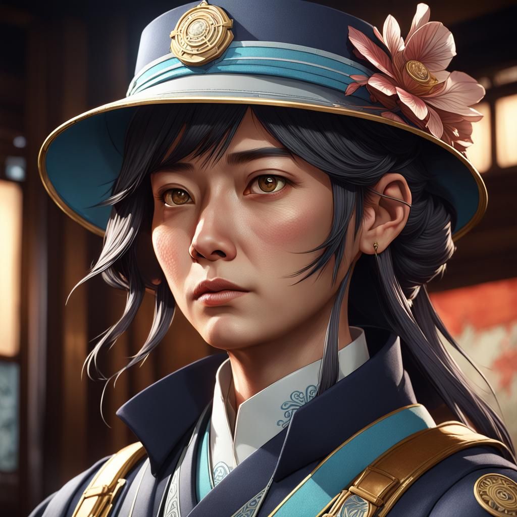 Detailed Portrait of Japanese Inspector in Art Nouveau Style