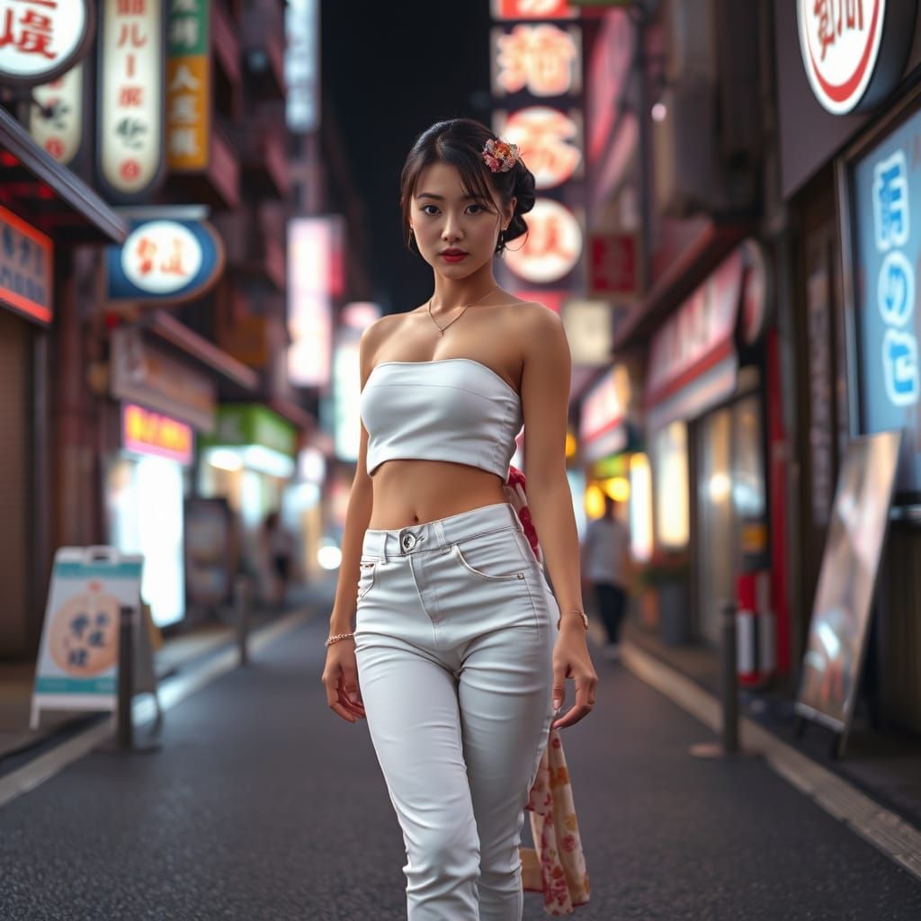 Geisha in Tokyo Street with Neon Lights