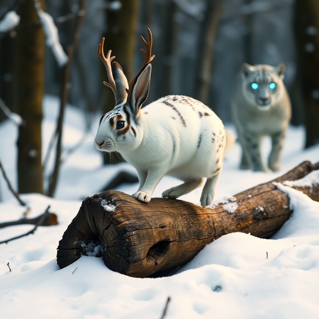 Striated White Rabbit Leaps Through Snowy Forest