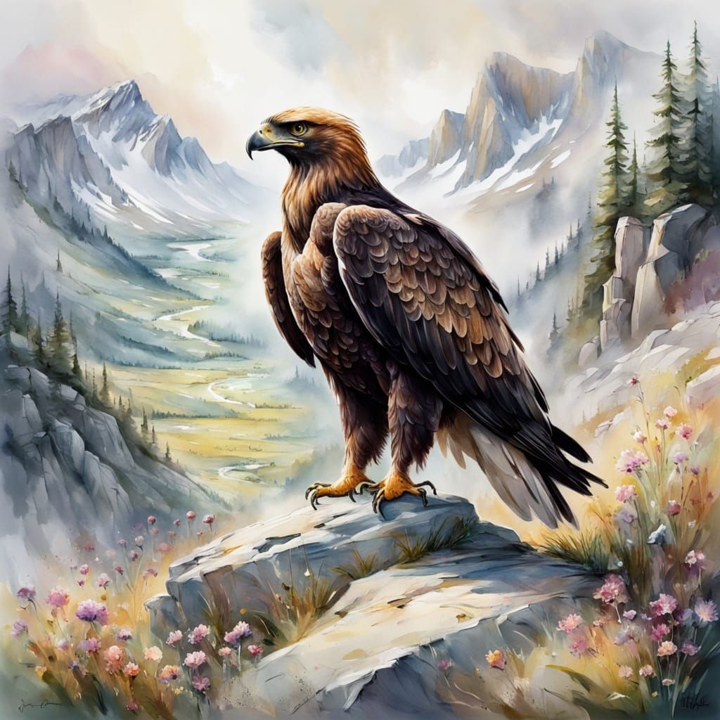 Ethereal Alpine Landscape with Golden Eagle