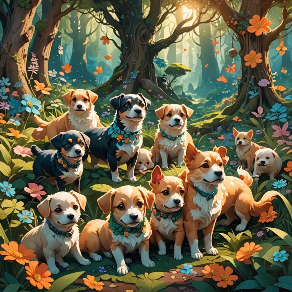 Playful Puppies in Whimsical Fantasy Forest