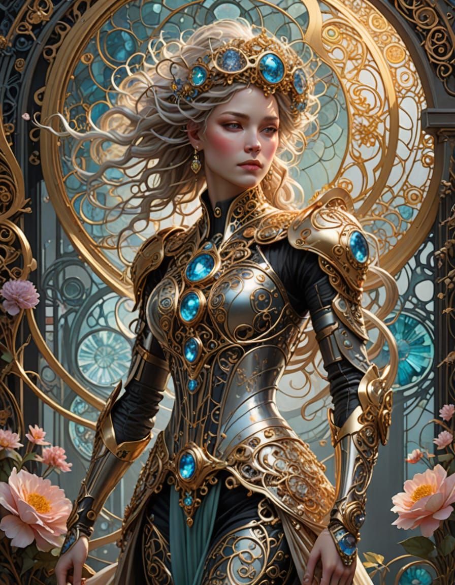 Ethereal Cybernetic Goddess in Art Nouveau Style