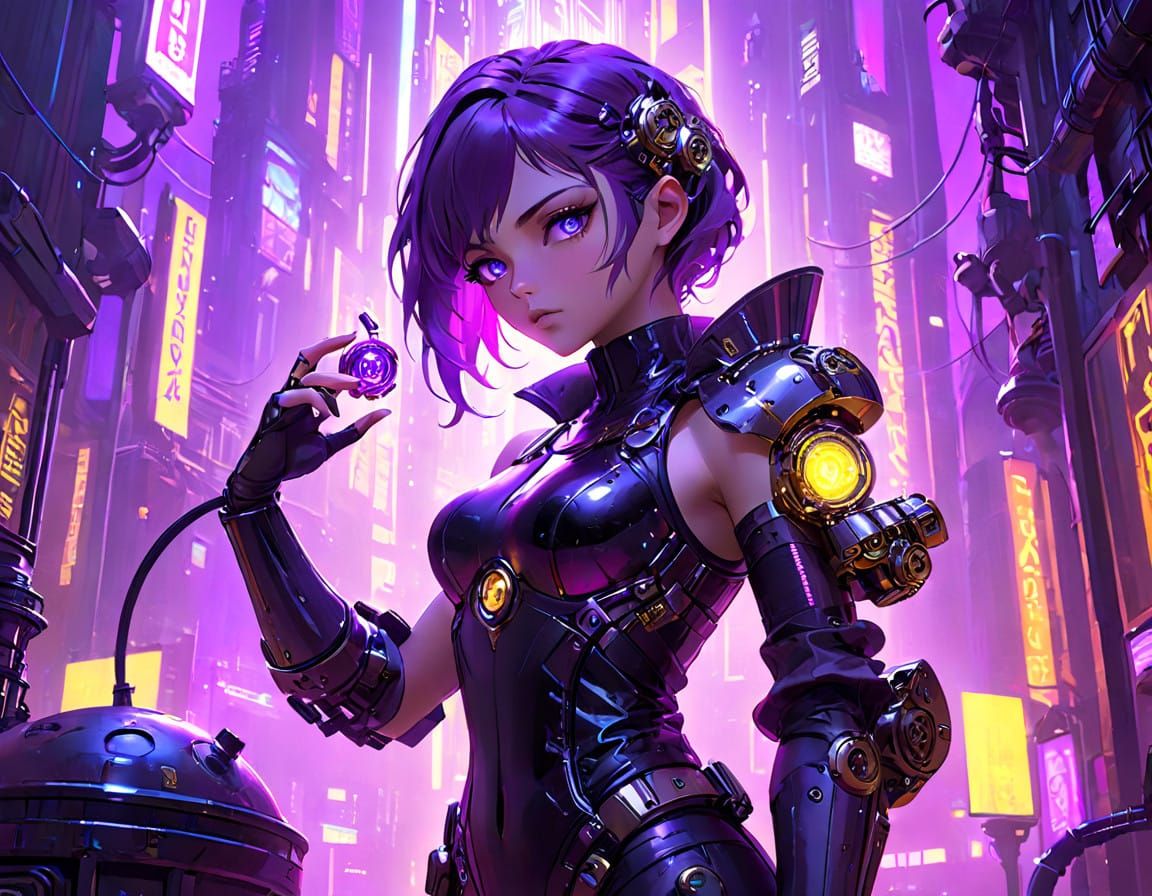 Cyberpunk Steampunk Scientist in Neon Cityscape
