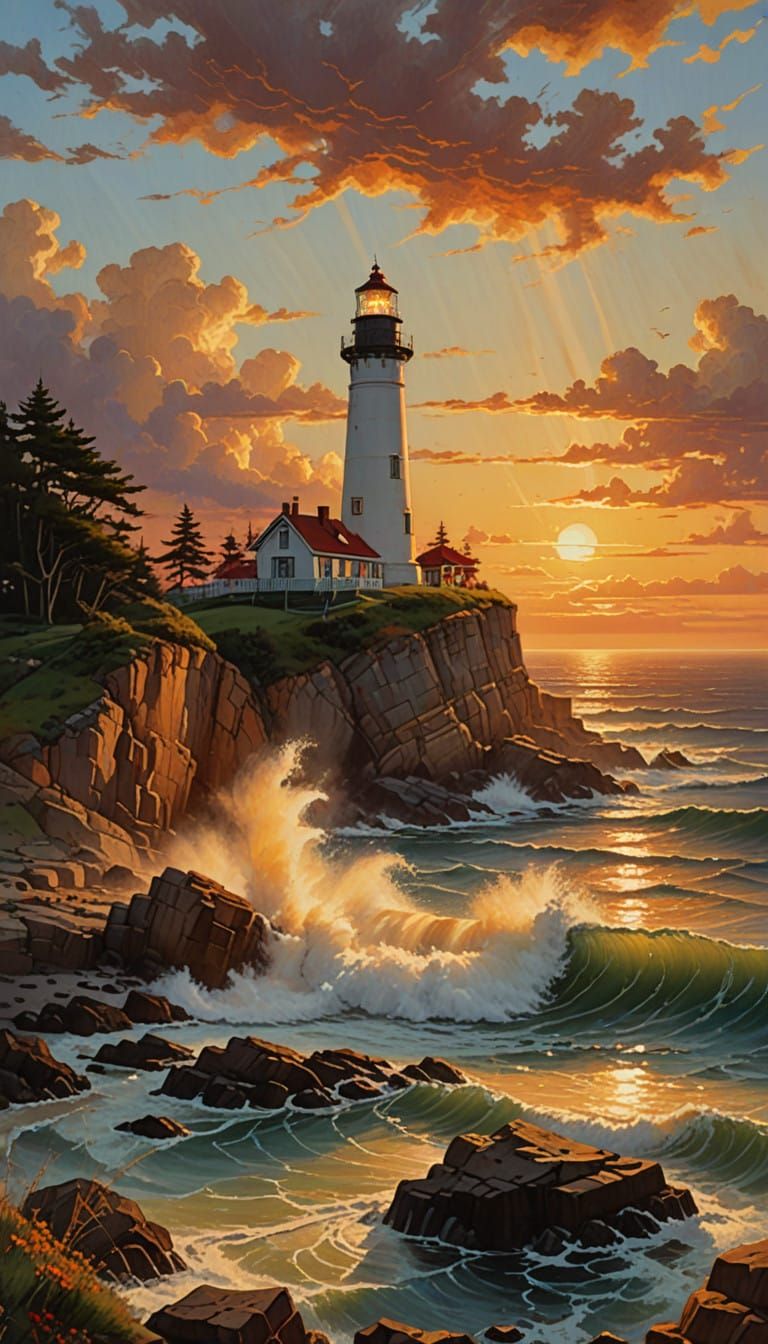 Majestic Lighthouse Amidst Turbulent Waves and Vibrant Sunse...