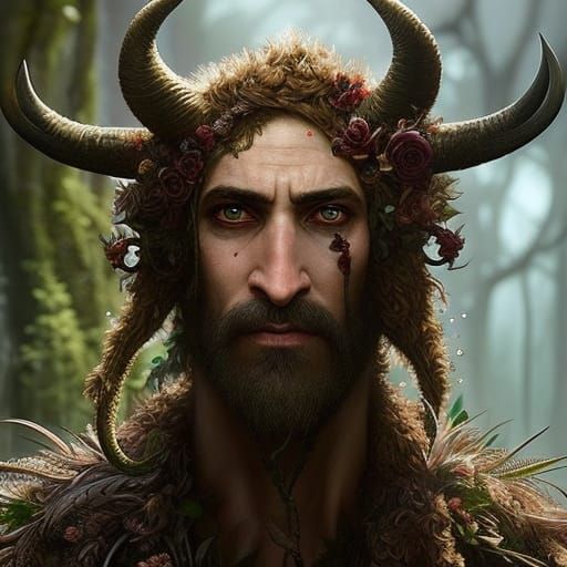 Detailed Satyr Portrait with Flower Hair, Fantasy Art