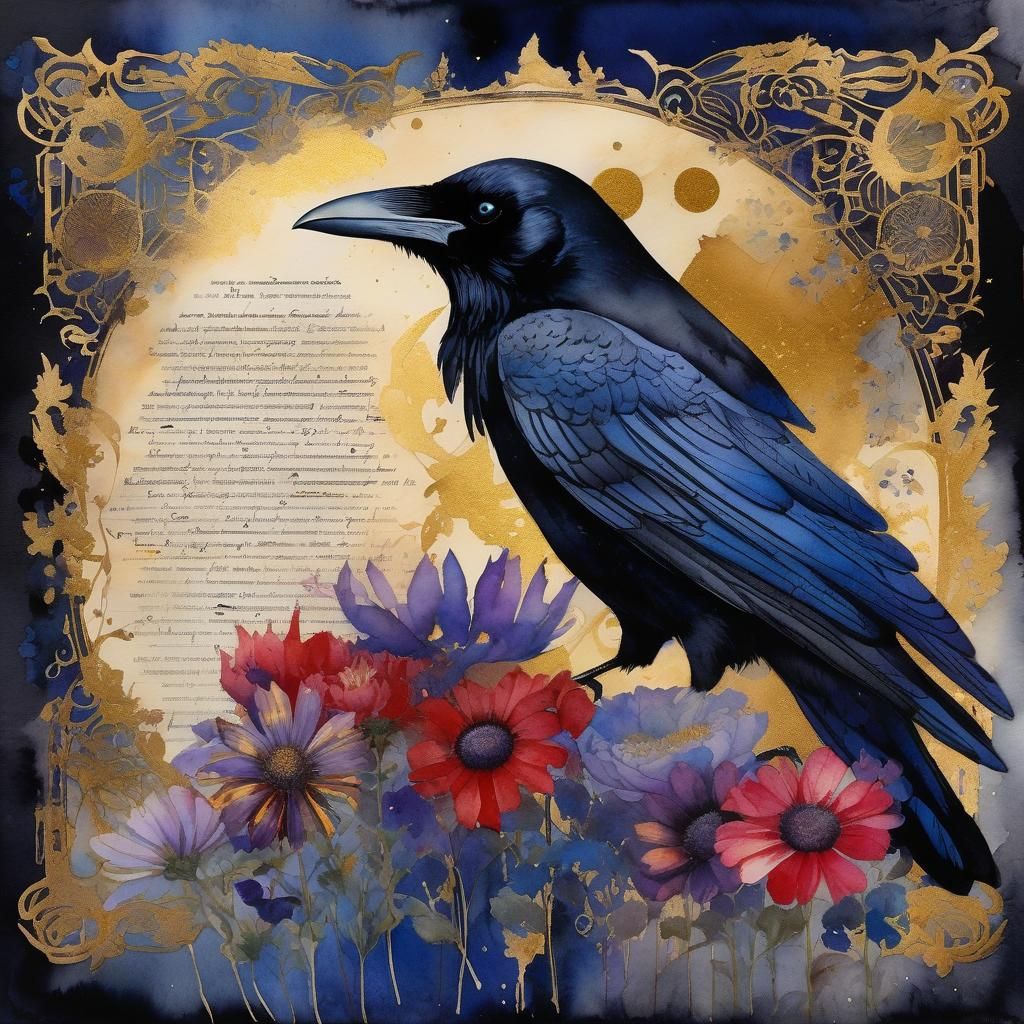 Raven with Flowers in Watercolor Style