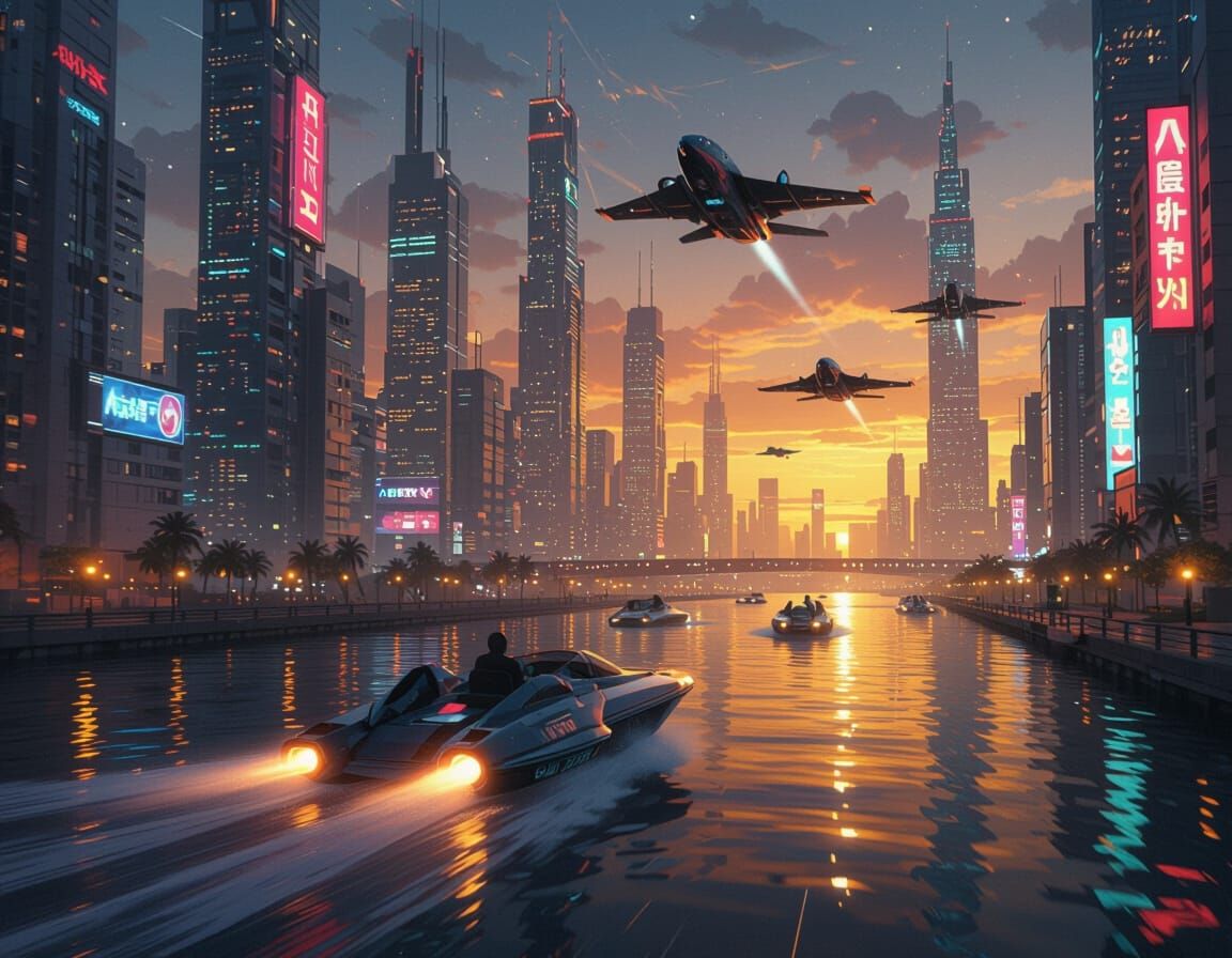 Cyberpunk Speedboat in Neon Cityscape at Night