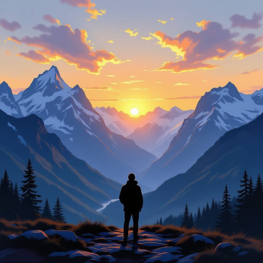 A lone figure stands silhouetted against a breathtaking vist...