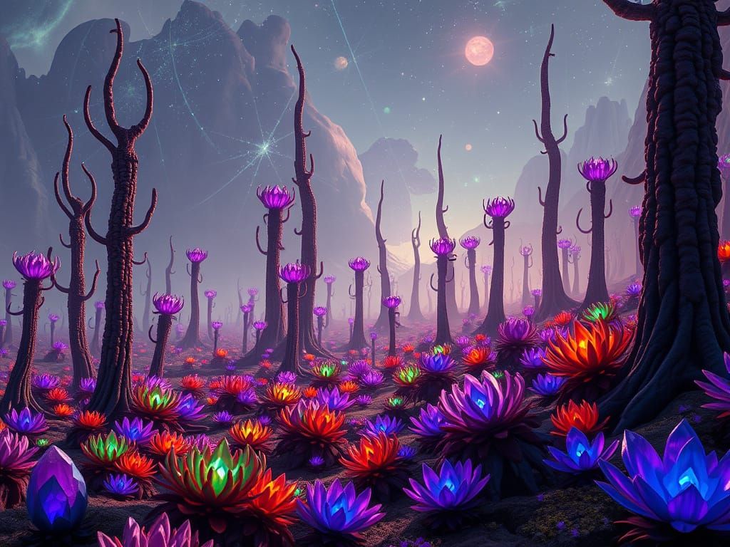 Dreamlike Alien Landscape with Bioluminescent Giants