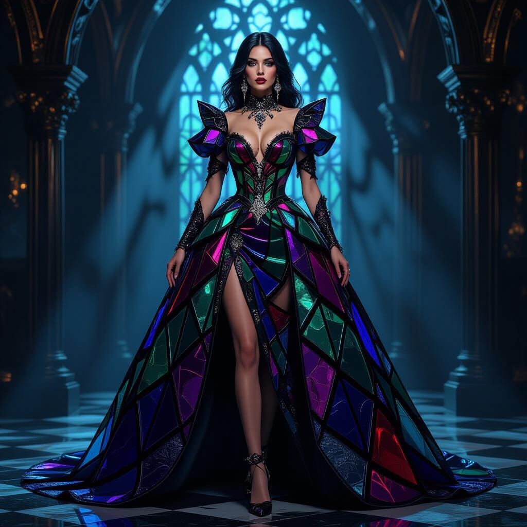 Goth Woman in Shimmering Stained Glass Dress
