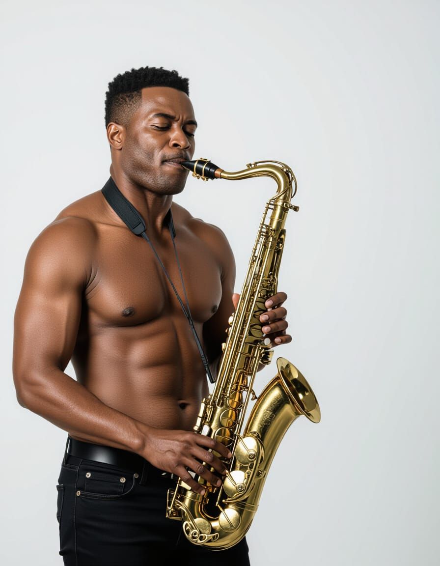 Sculptural Black Man with Saxophone in Stillness