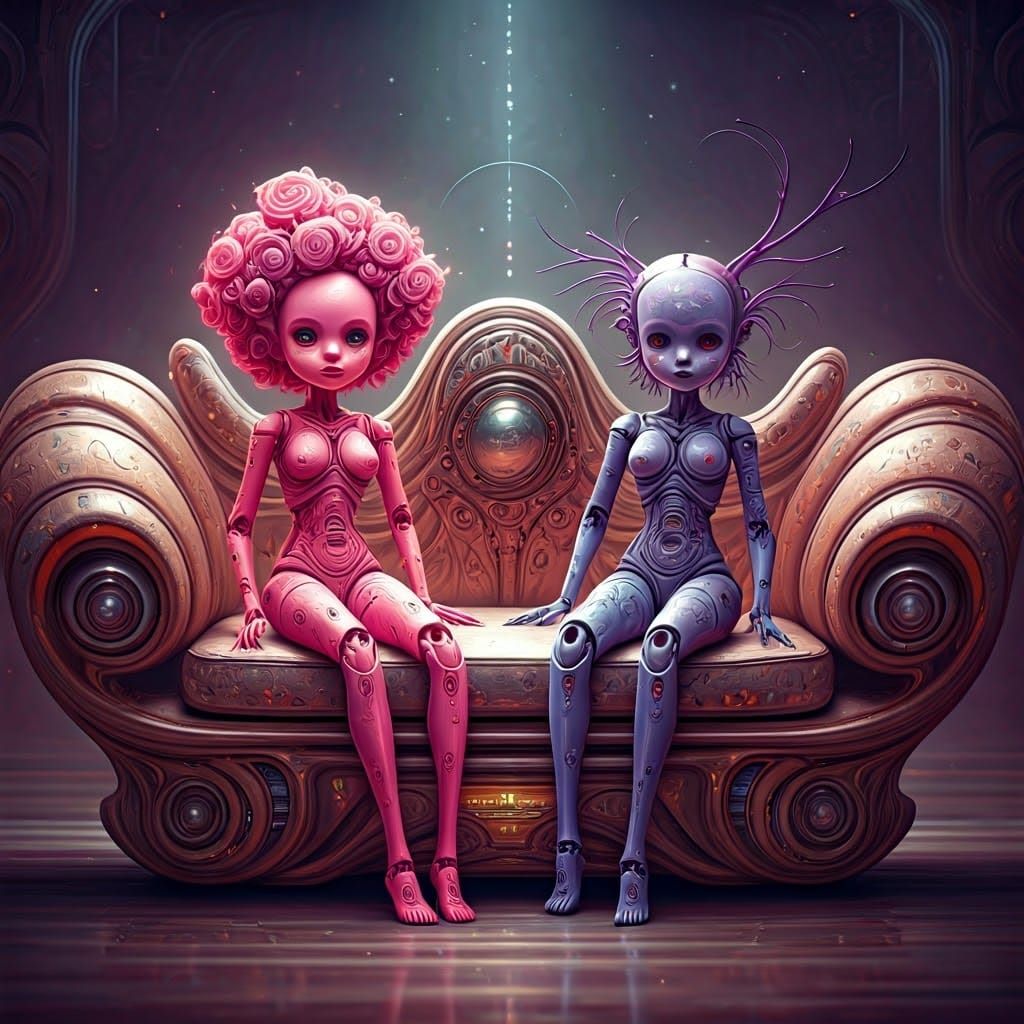 Ethereal AI Dolls on Futuristic Sofa: Surreal Biocosmic Scen...