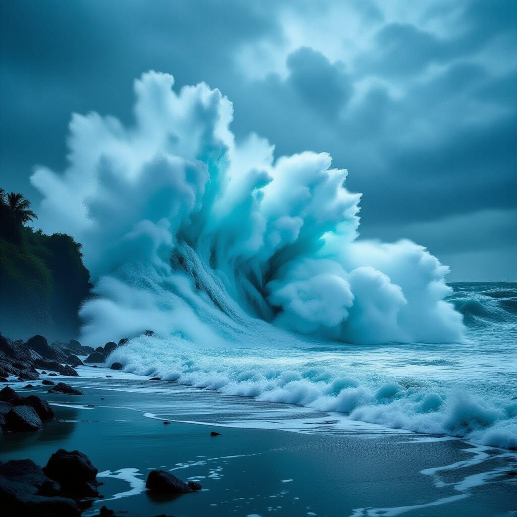 Colossal Tsunami Wave Crashing on Coastline