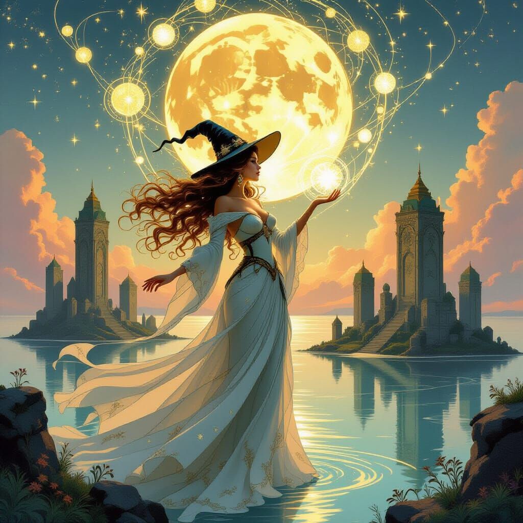 Glamorous Witch Conjuring Magic in Ethereal Fantasy Landscap...