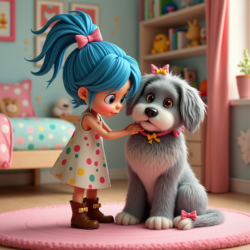 A 3D rendering of a young girl with blue, messy hair tied up...