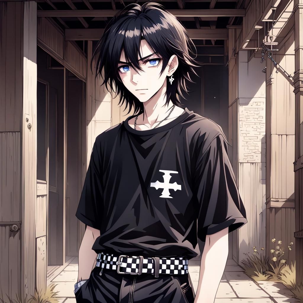 Gothic Anime Boy with Cross Earrings in Manga Style
