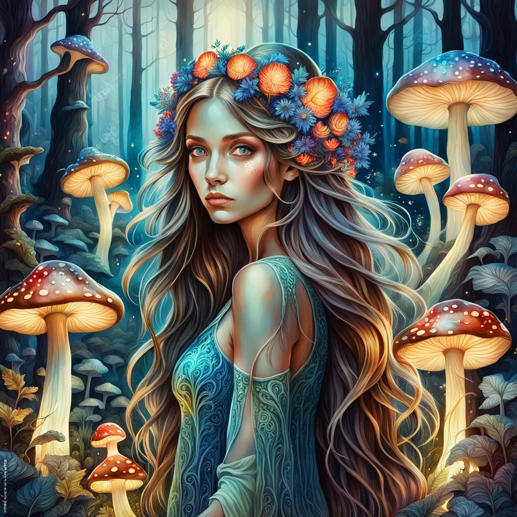 Fairy Woman in Bioluminescent Mushroom Forest