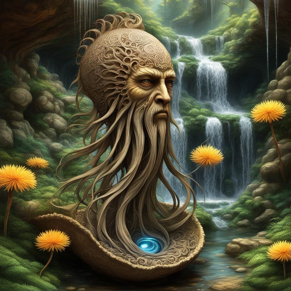 Earthy God Sculpture Under Waterfall Grotto