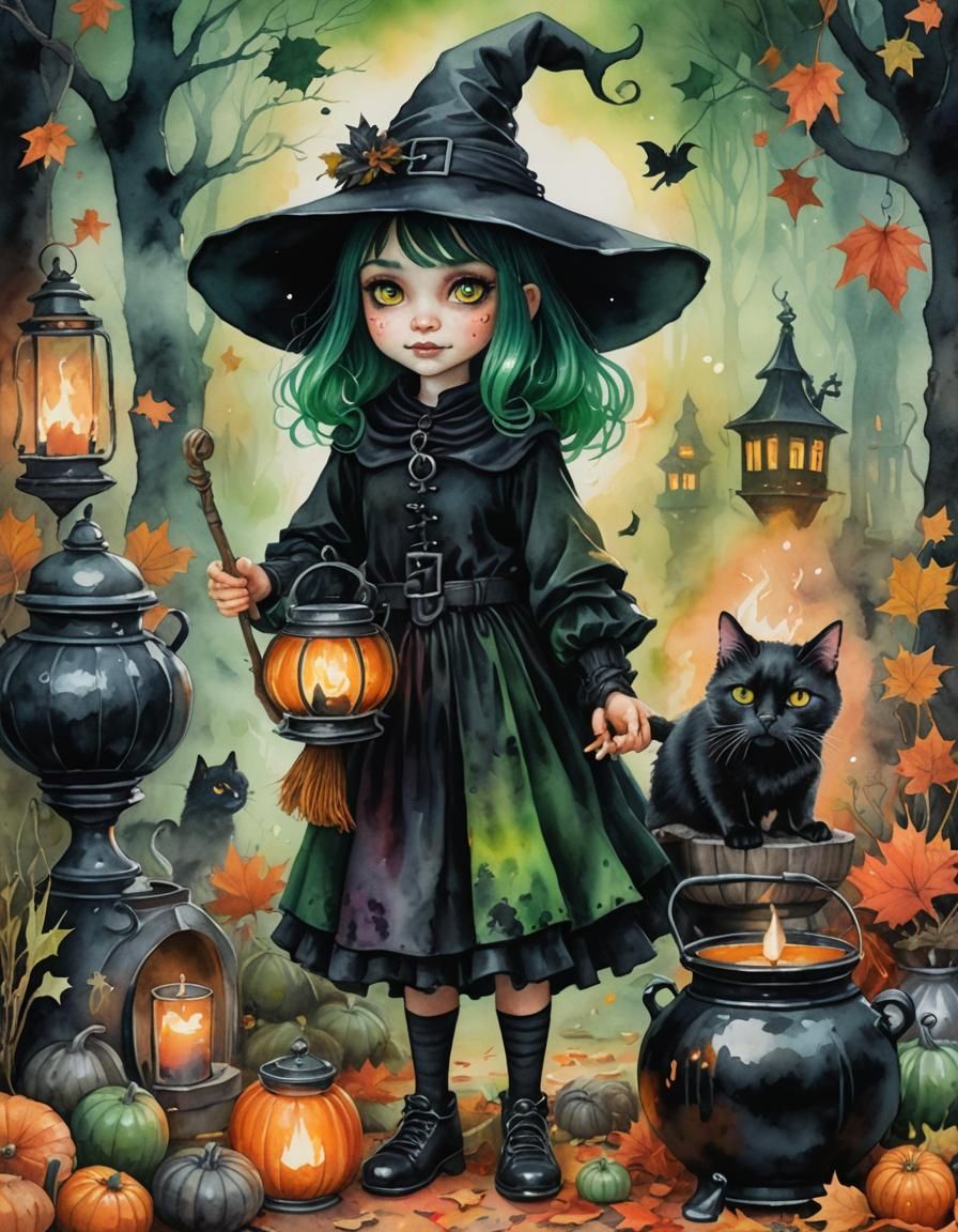 Enchanting Little Witch with Cauldron, Fantasy Art