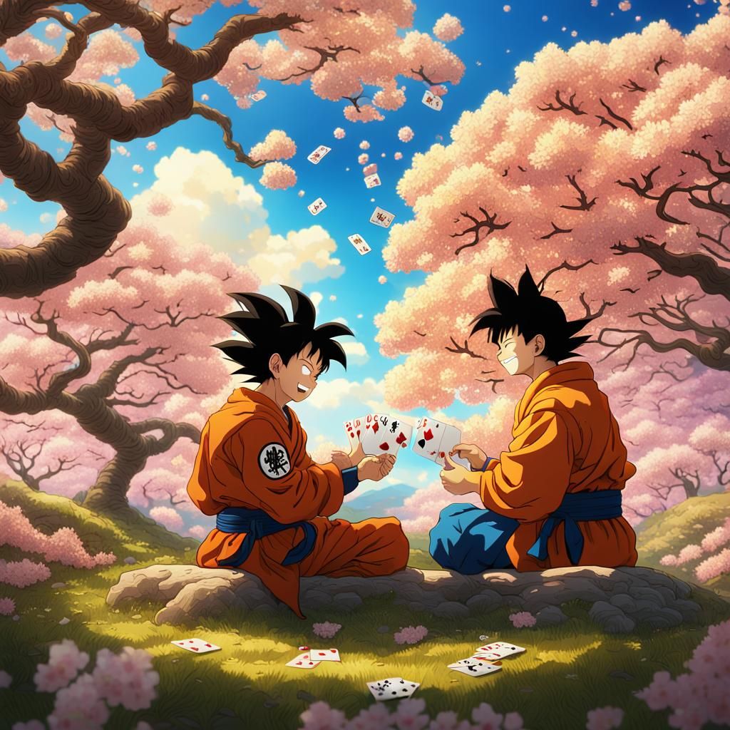 Akira Toriyama and Son Goku laughing playing cards in heaven with cherry trees in blossom and a yellow sky
