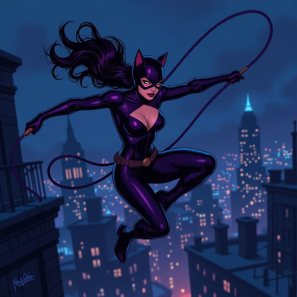 Catwoman Leaping Over Rooftops in Purple Catsuit