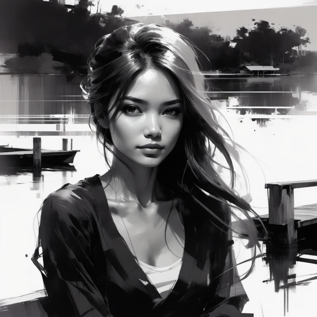 Gorgeous Woman on Dock: Ink Paint Glitch Art
