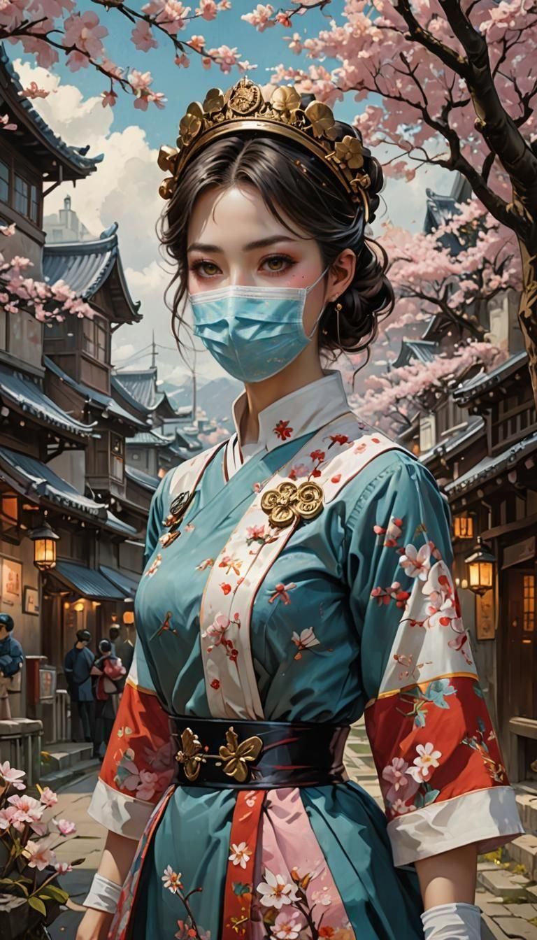 Beautiful Nurse Portrait with Cherry Blossoms, Detailed Pain...
