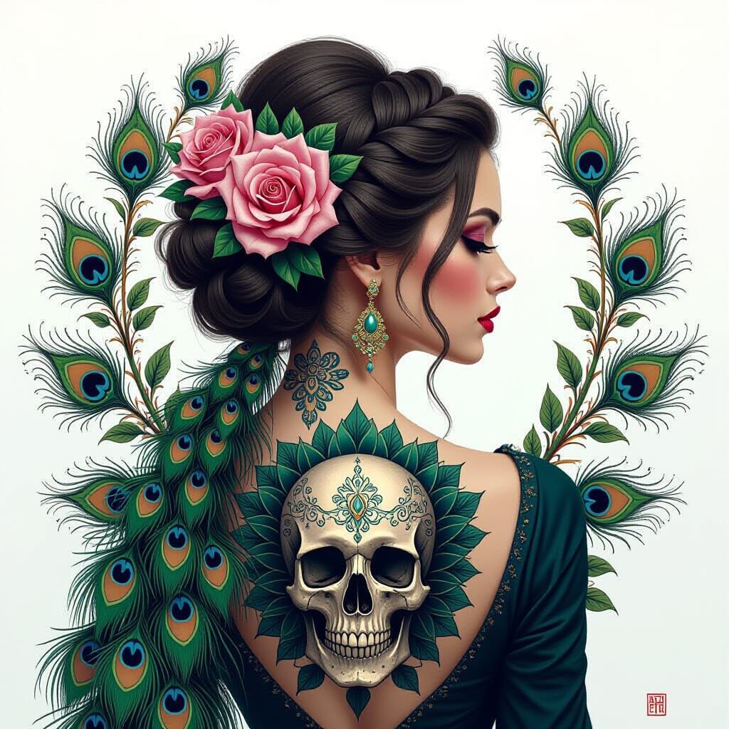 A digital artwork of a woman with fair skin and an elaborate hairstyle, adorned with roses and peacock feathers. Her bac...