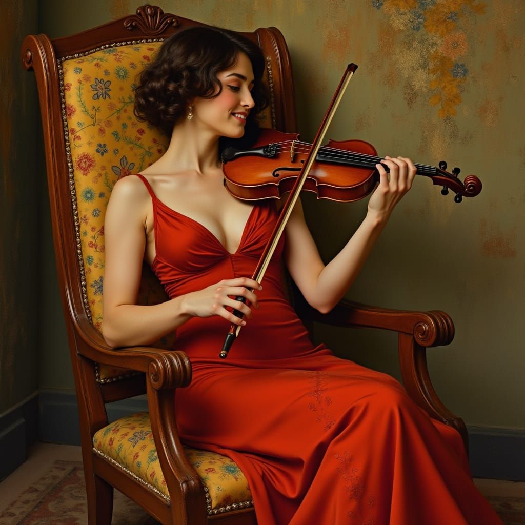 Elegant Woman with Violin in Art Nouveau Style