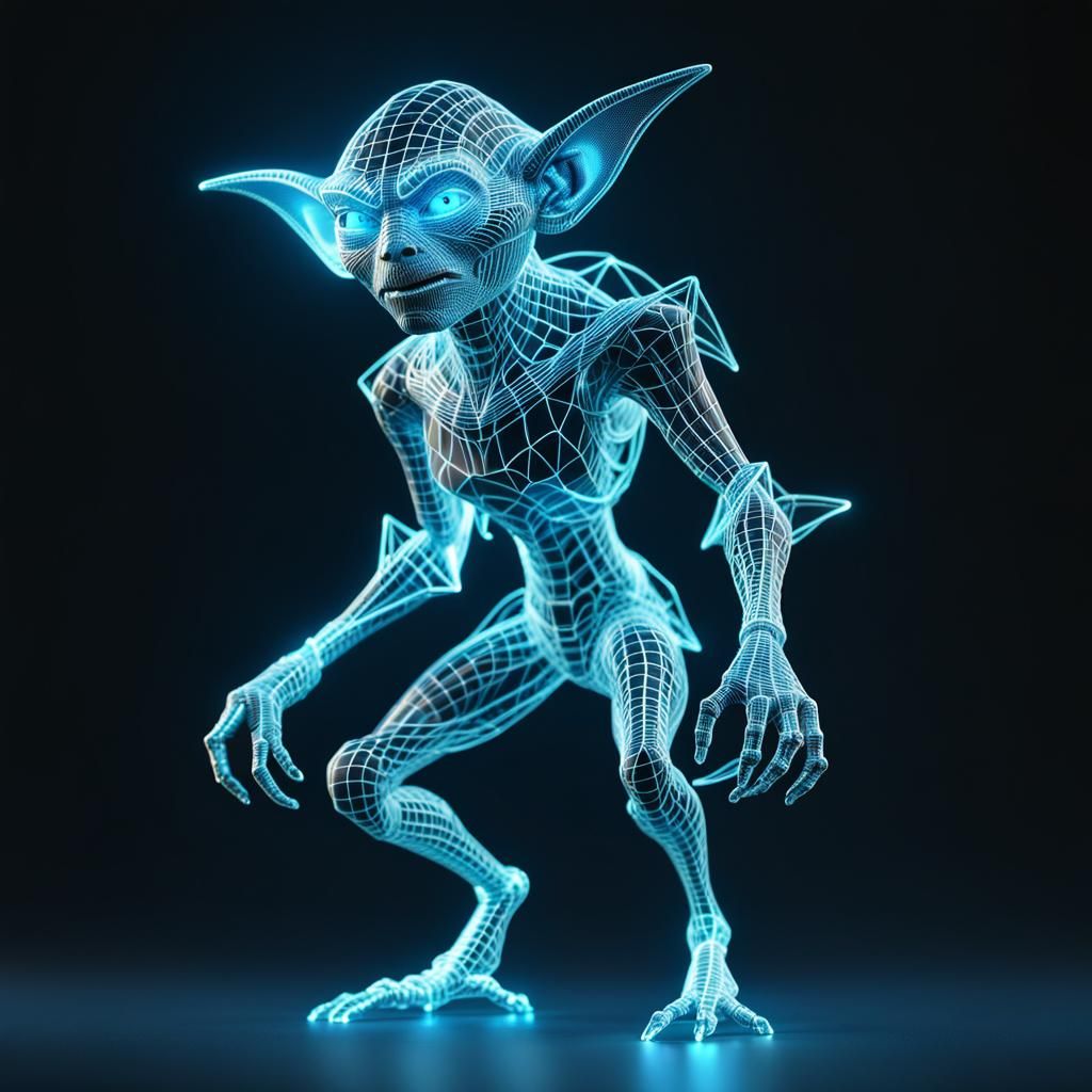 Holographic Wireframe Goblin Projection in Light Blue