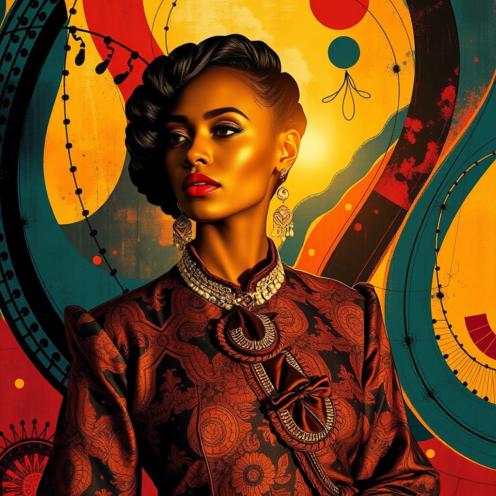 Elegant Woman in Textured Outfit with Calligraphic Lines