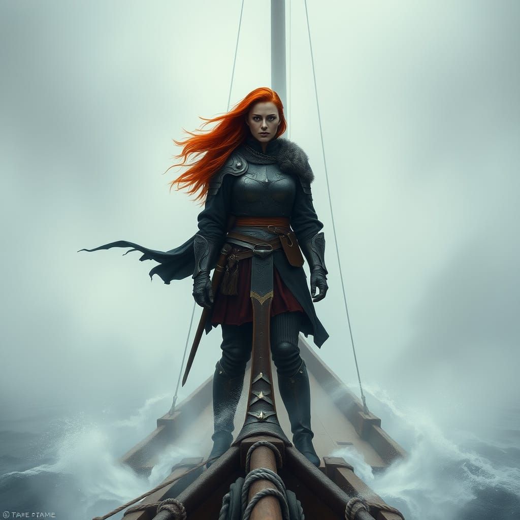 Viking Maiden Sailing Through Misty Fjord