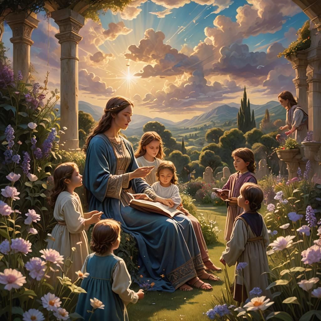 Heavenly Mother Teaches Children in Cloud Garden