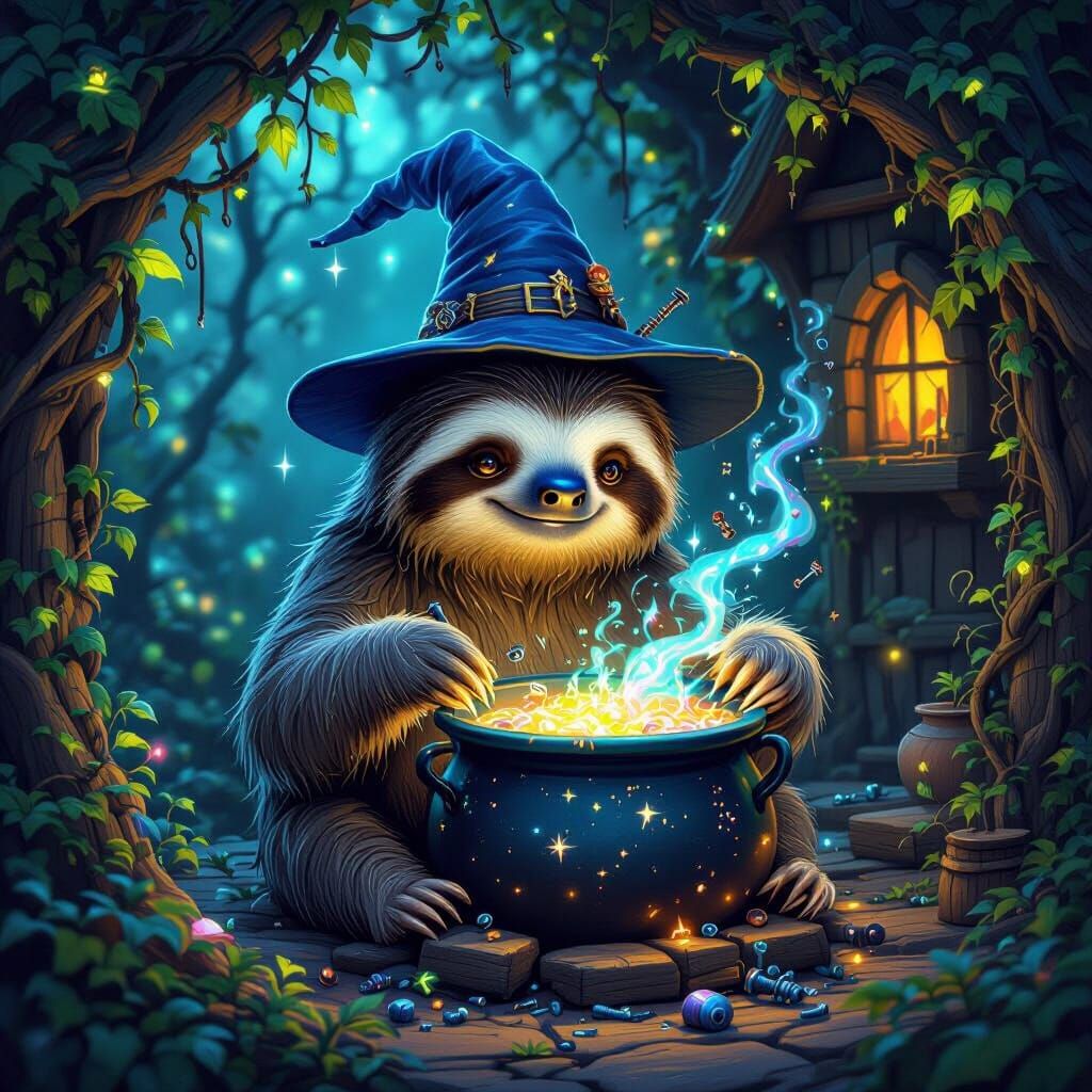 Whimsical Sloth Wizard Stirs Magical Cauldron in Dreamlike C...