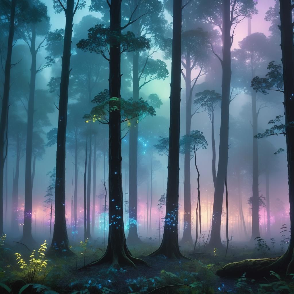 Bioluminescent Trees in Misty Forest at Dusk