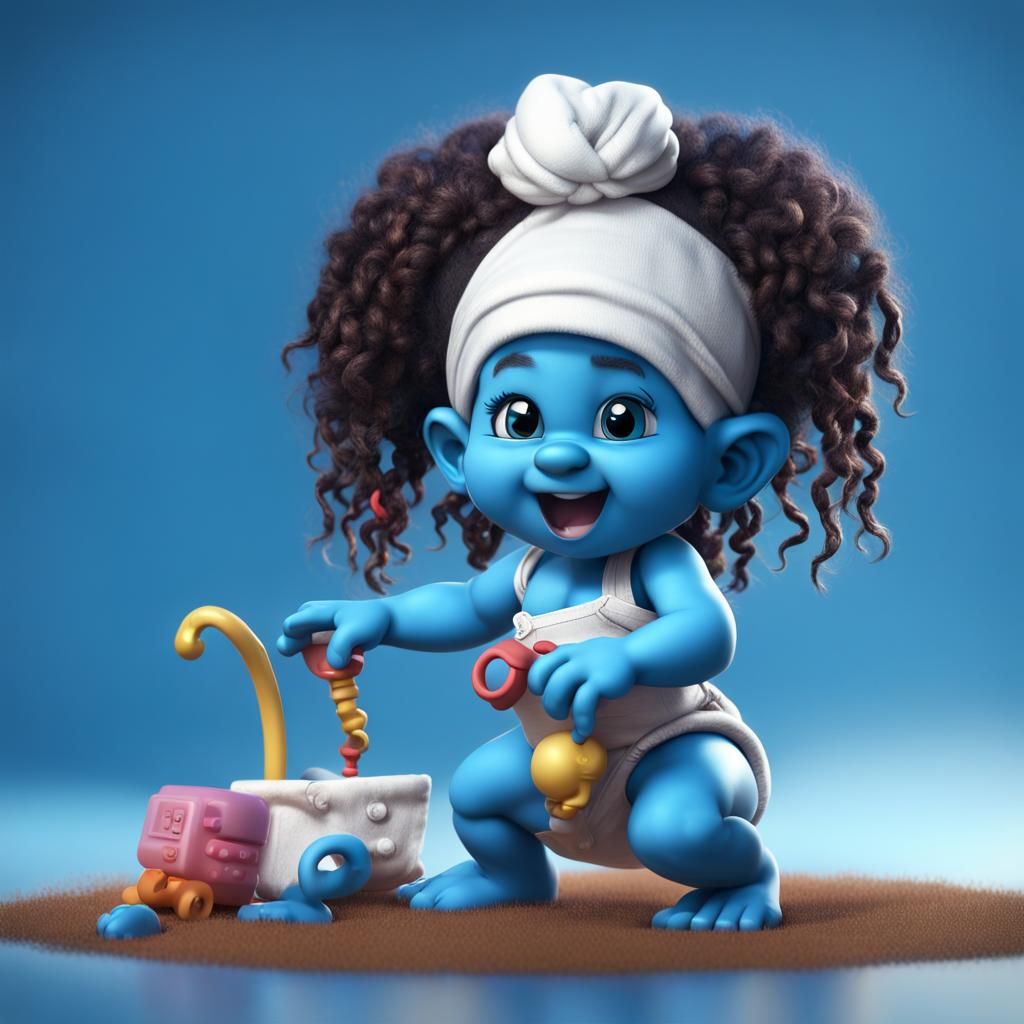 Baby Smurf Girl with Braids Playing: Fantasy Art