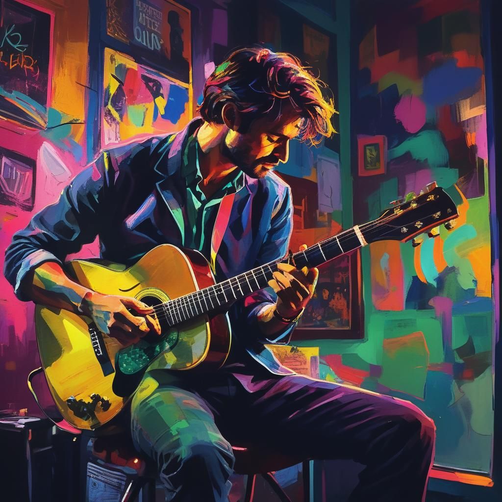 Guitarist in Neon Light, Fauvist Pop Art