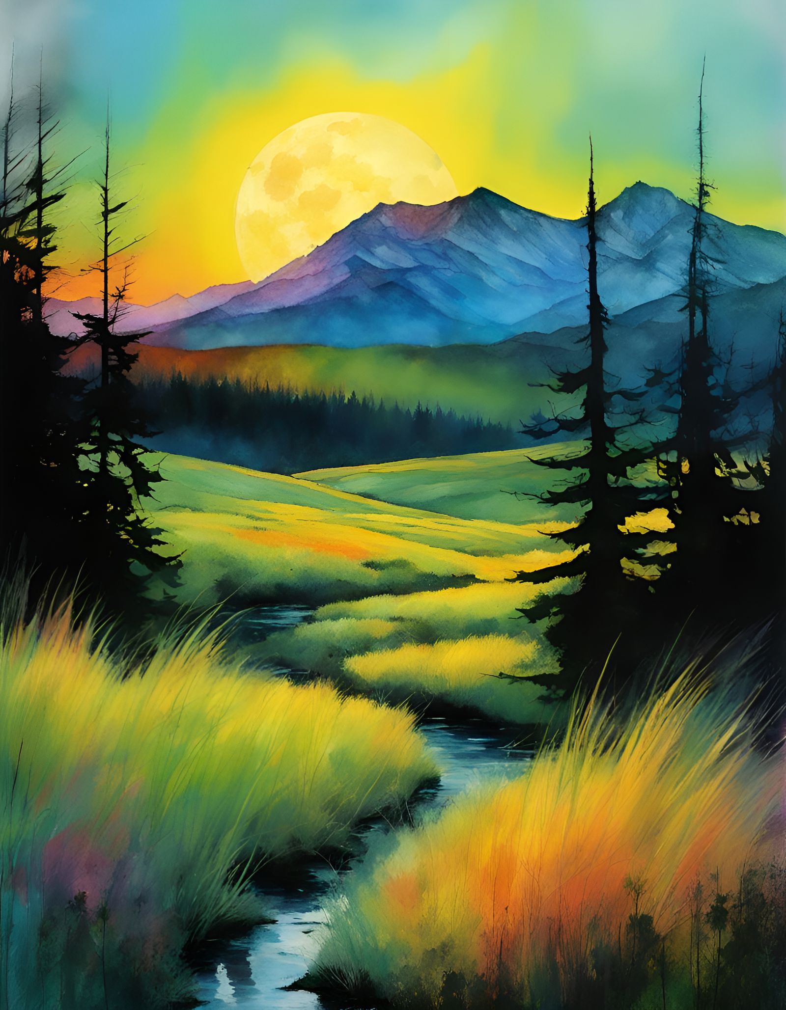 Eerie Forest Landscape with Black Sun Eclipse