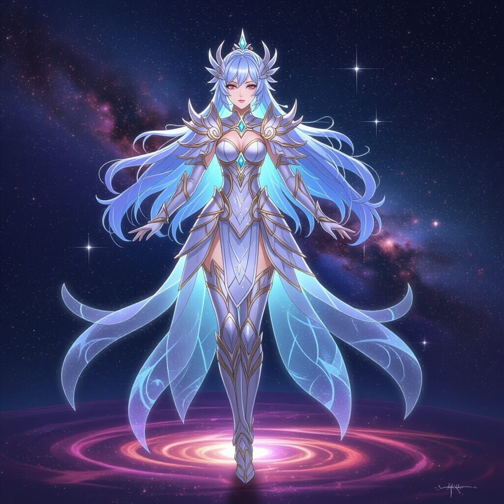 Ethereal Goddess in Celestial Armor on Nebula