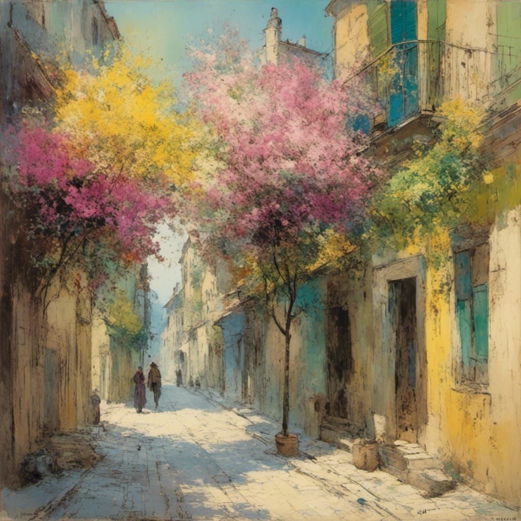 Athens Street, 1930, in Romantic Pastel Oil Style