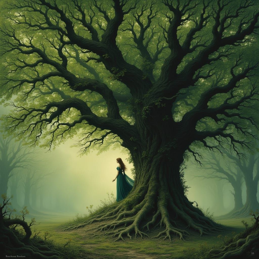 Dryad Emerges from Ancient Oak in Fairyland Forest