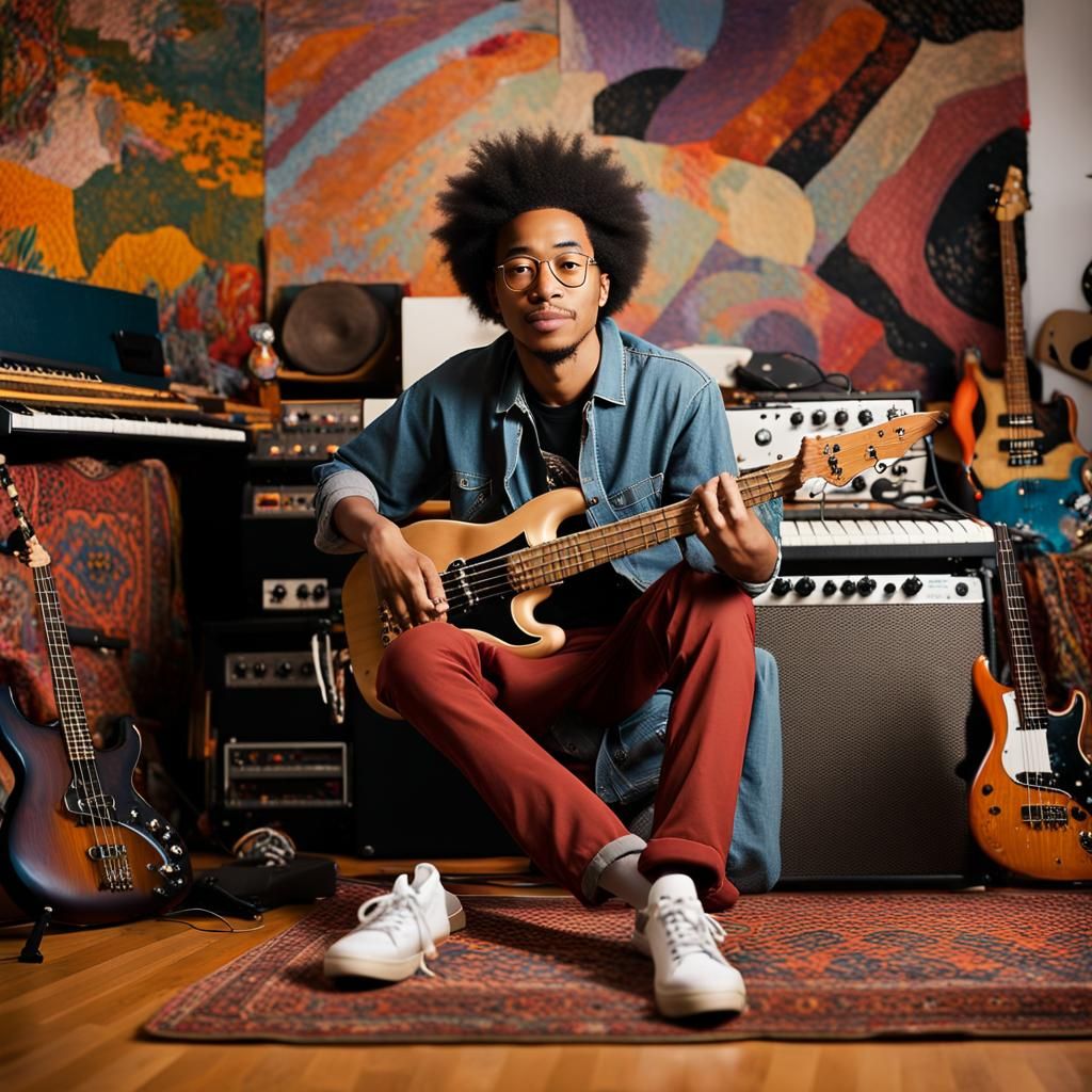 Musician's Portrait in a Colorful Studio Setting