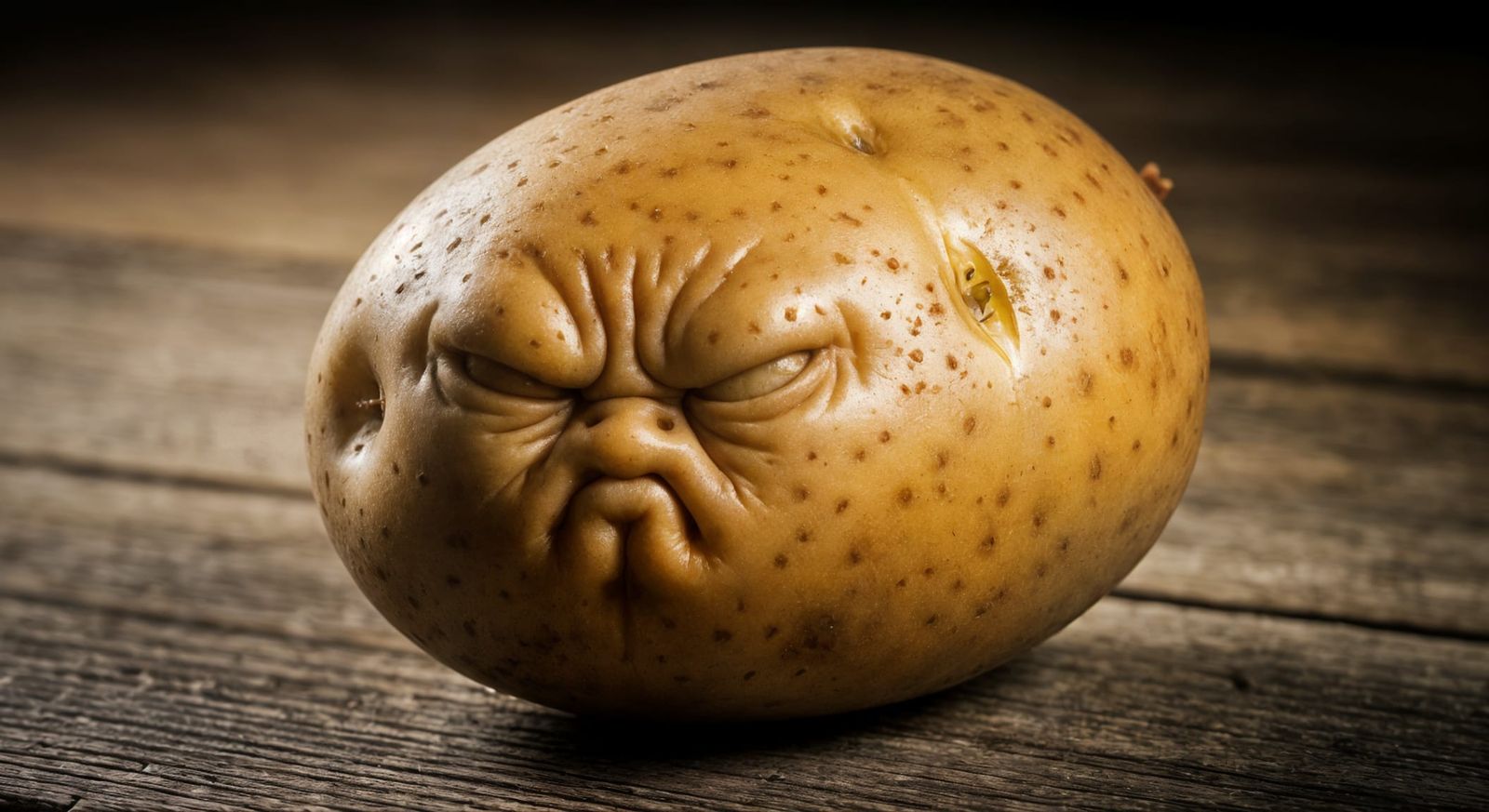 Grumpy Potato Macro Photo on Wood Surface
