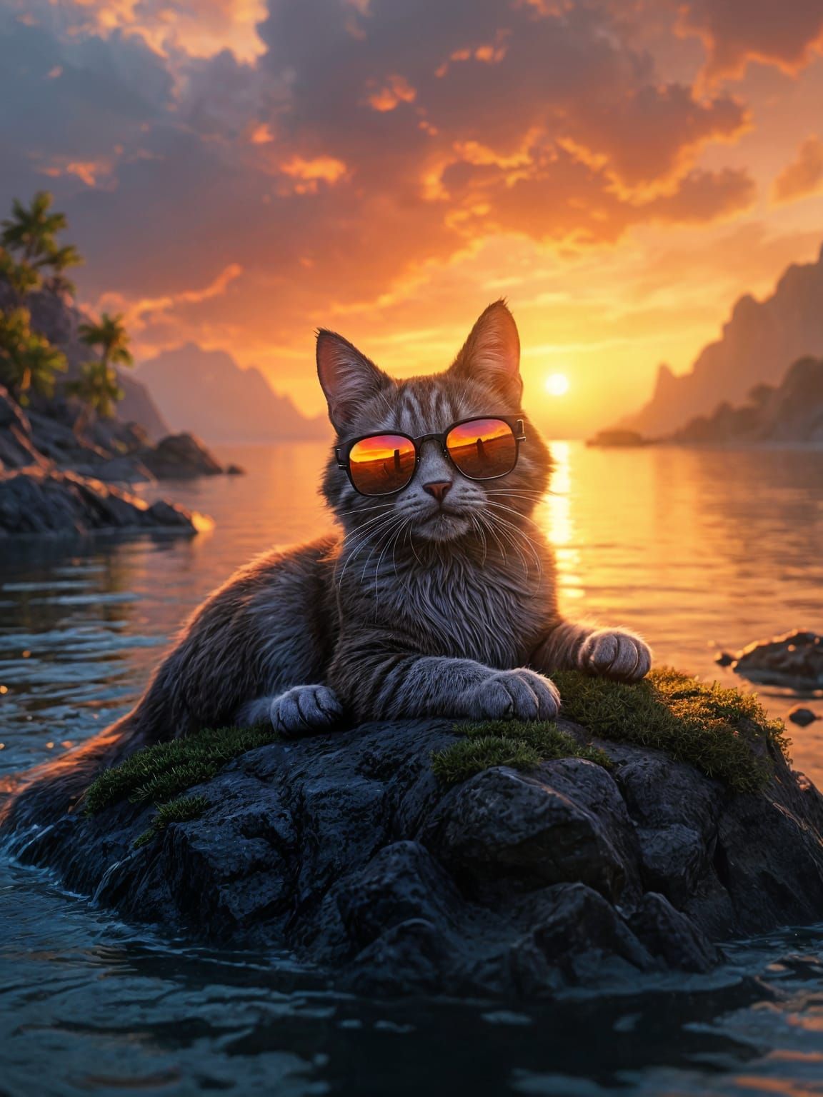 Cat in Sunglasses Basks in Sunset Glow, Crystal Lake, Dark F...