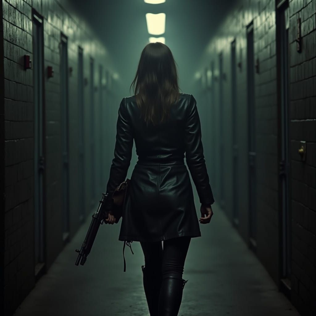 Grim Prison Guard Walks Dark Corridors with Vintage MP40