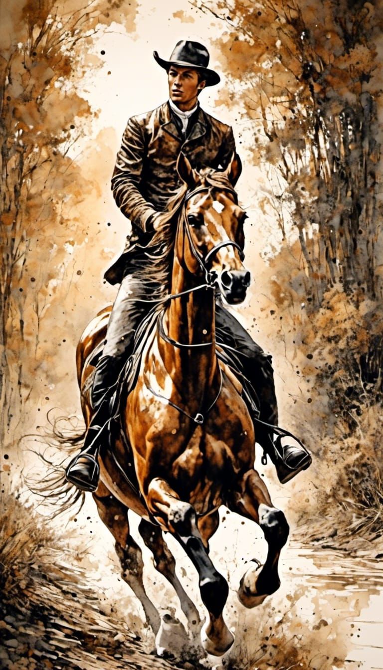 a handsome young man on horseback on a country path   , Ink,...