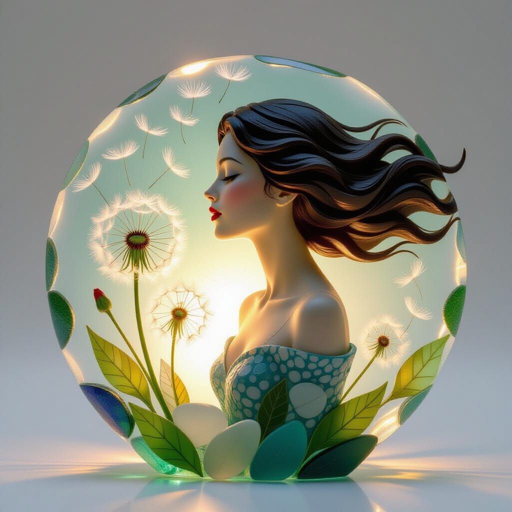 Expressionist Sea Glass Sculpture of Woman and Dandelion