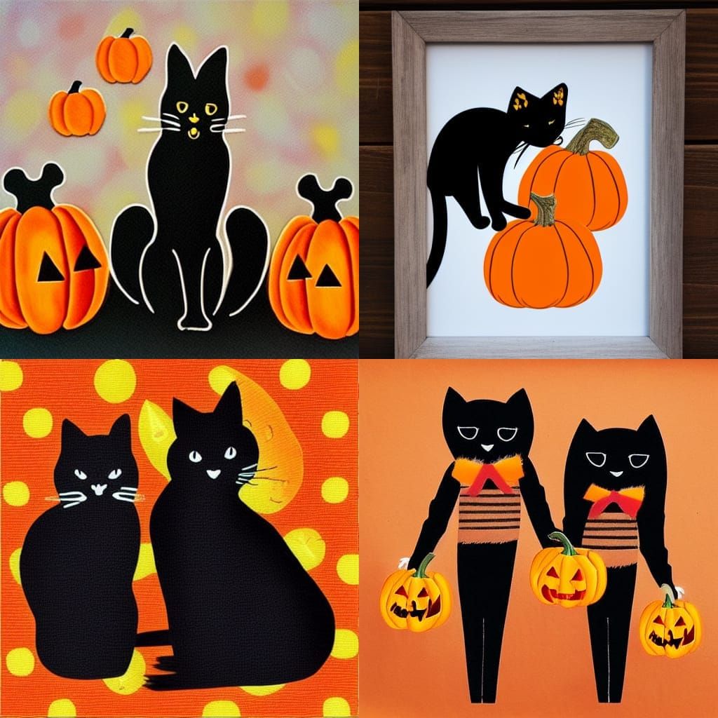 Blonde Girl, Black Cat, and Pumpkin in Folk Art