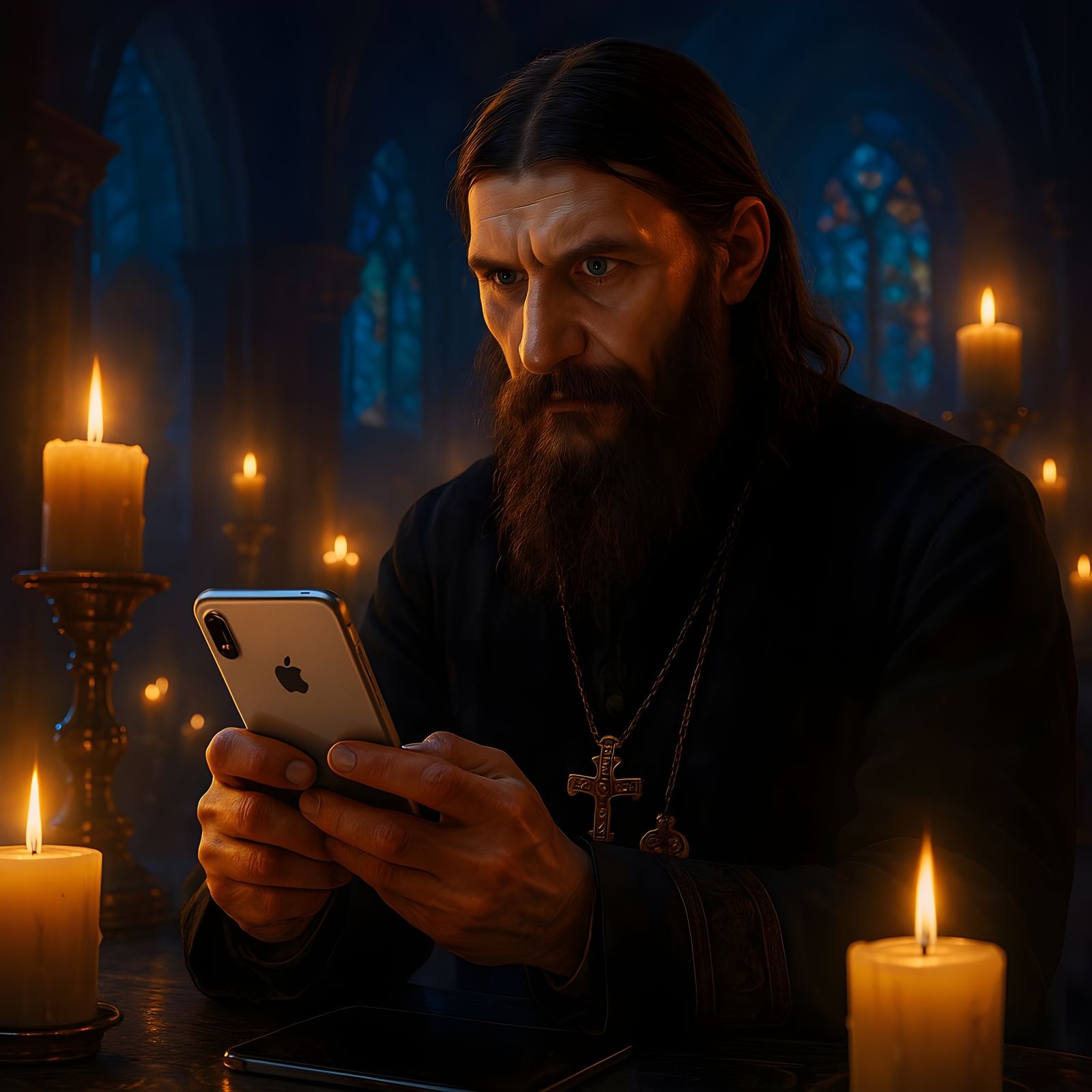 Rasputin Portrait with Smartphone, Cinematic Lighting