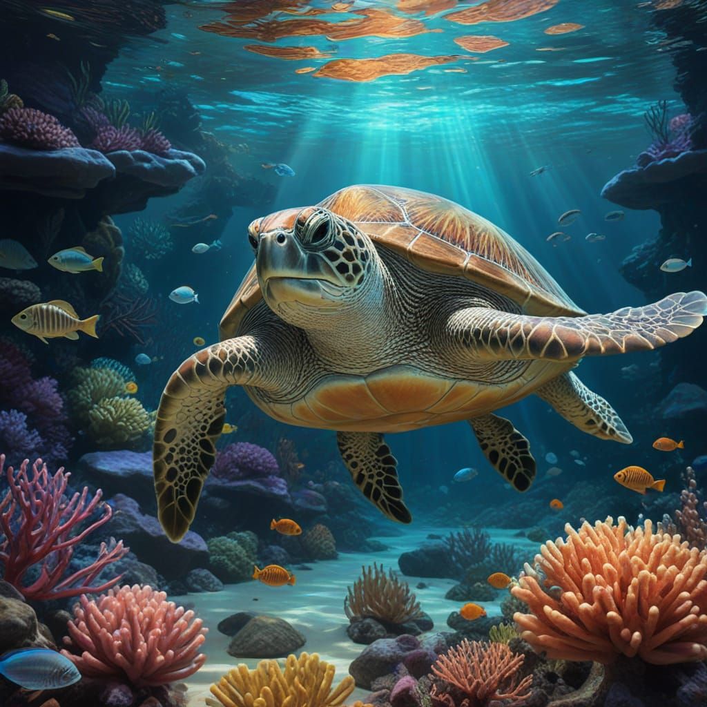 Wise Turtle Swims Through Luminous Coral Garden